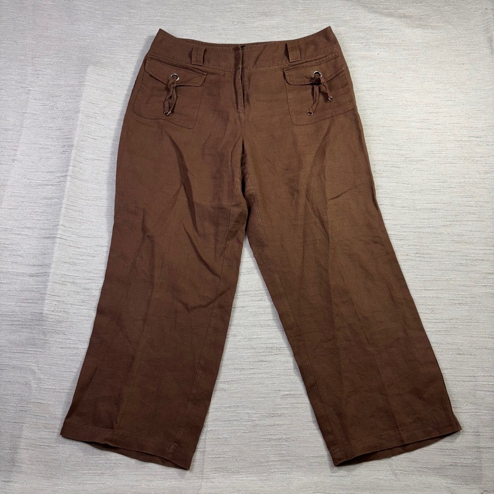 Lily Stanhope Brown 100% Linen‎ Wide Leg Crop Pants Grommet Detail Womens 10